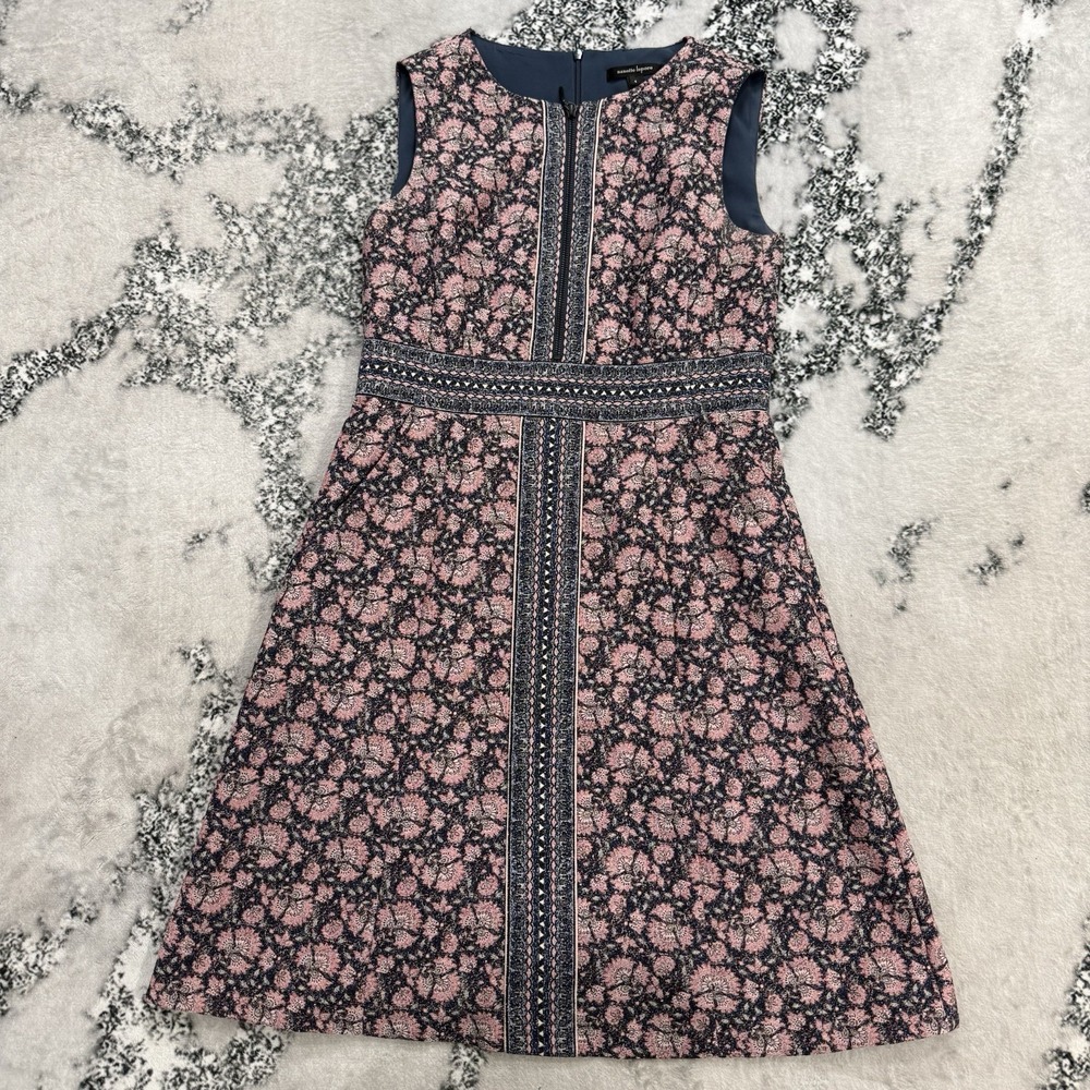 Nanette Lepore Womens Size 4 Floral Jaquard Fit Flare Dress Pink Navy Sleeveless